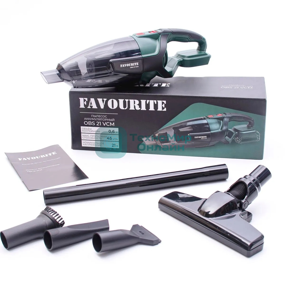 Пылесос автомобильный FAVOURITE OBS 21 VCM (Без АКБ и ЗУ) зелёный, 21 Вт, уборка сухая, пылесборник контейнер 0.6 л