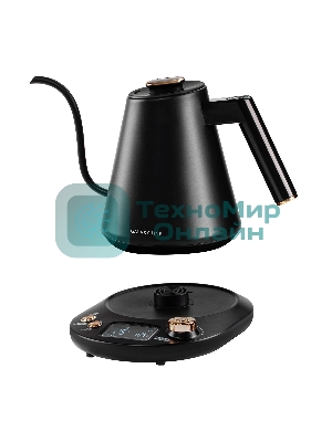 Чайник заварочный для кофе и чая Galaxy LINE GL 0341, черный, металл, 1100 ВТ, 1 л, корпус из нержавеющей стали AISI 304, установка температуры от 40 до 100 °C, функция поддержания температуры, 3 запрограммированных режима нагрева воды до 91°С, 93 °С, 96 °С, удобная форма носика