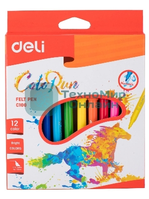 Фломастеры Deli EC10000 ColoRun, вентилируемый колпачок, 12 цветов, коробка с европодвесом