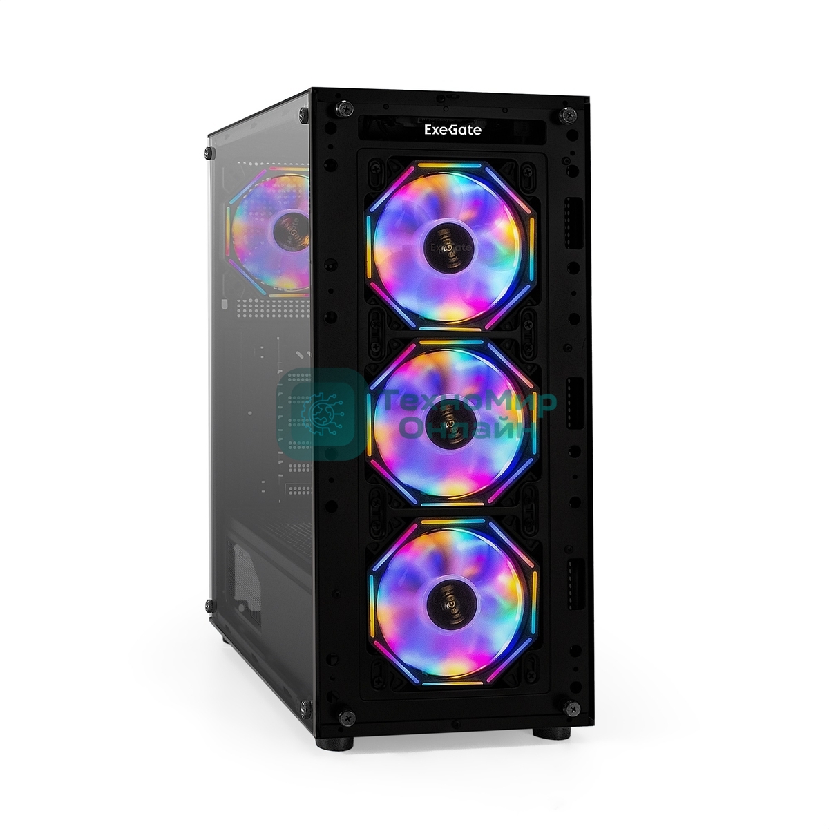Компьютерный корпус Miditower ExeGate i3 BASE-EVO800 (ATX, БП EVO800RGb с вент. 12 см, с окном, 1хUSB+1хUSB 3.0, аудио, 4 вент. 12см с RGb подсветкой)