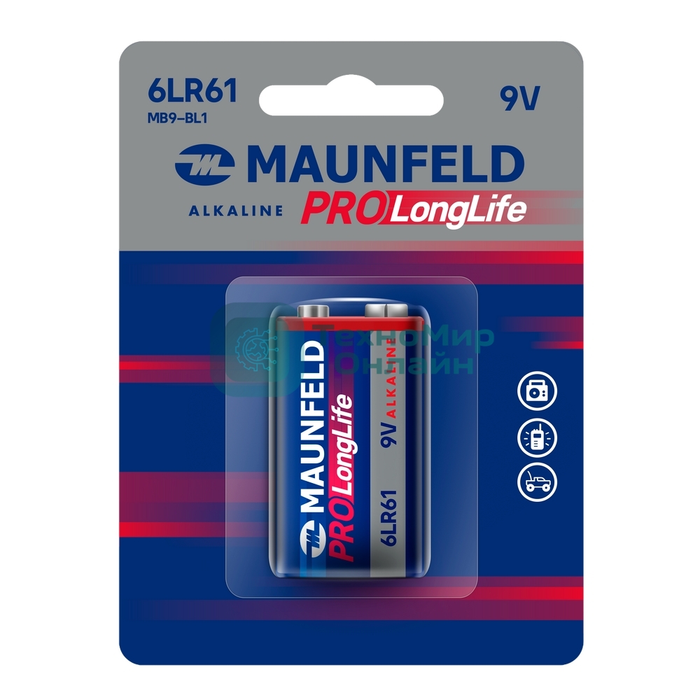 Батарейки Maunfeld PRO Long Life Alkaline 9V(6LR61) MB9-BL1, блистер 1 шт.