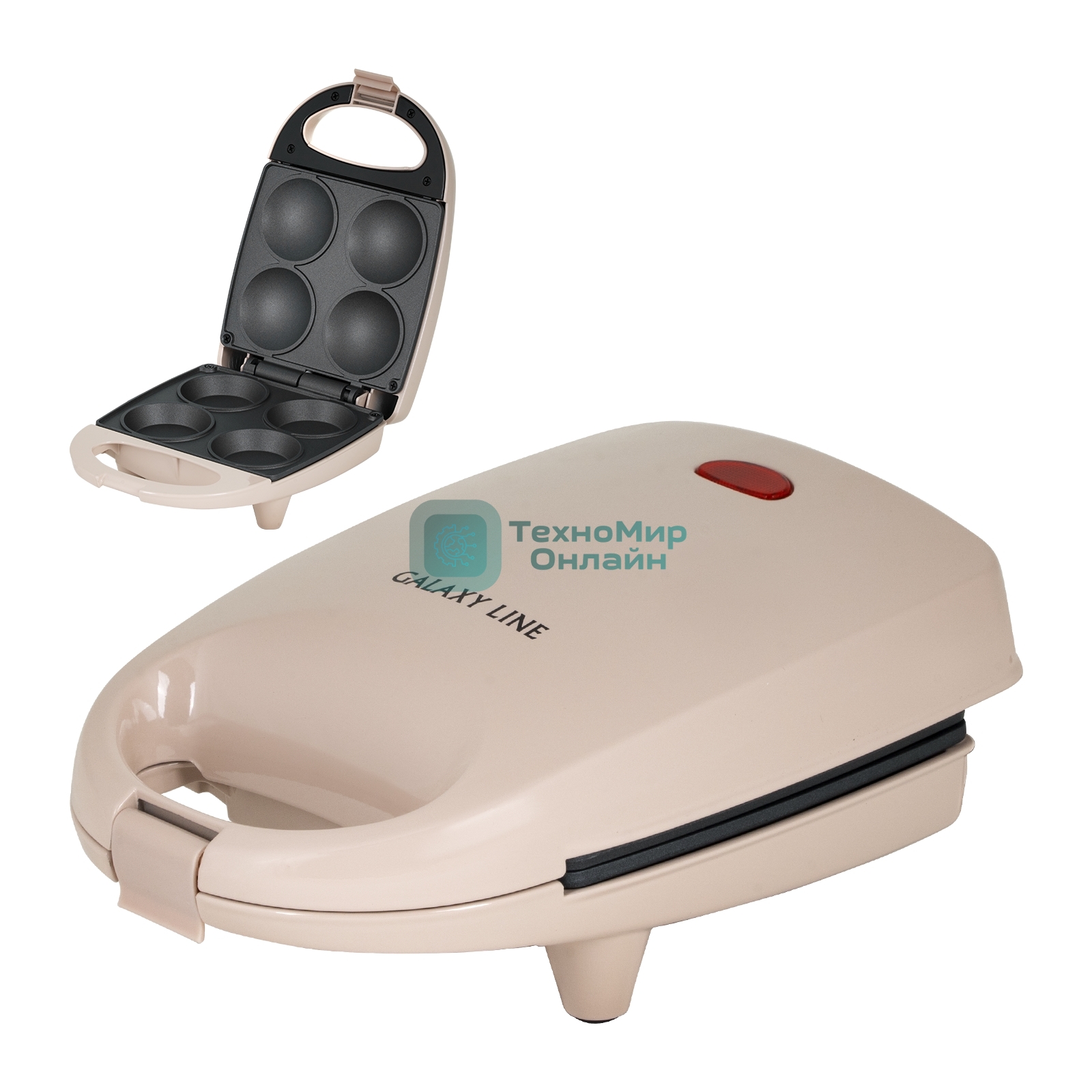 Прибор для выпечки кексов Galaxy Line GL 2982, персиковый, с несъемными пластинами, 650 Вт, антипригарное покрытие рабочей поверхности, теплоизолированный корпус, противоскользящие ножки, легкая очистка, индикатор нагрева