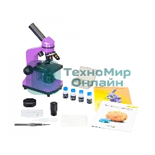 Микроскоп Levenhuk RAINBOW 2L AMETHYST/Аметист Микроскоп с предметным столиком, трехгнездным револьвером, фокусировочным механизмом, двумя источниками света с регулировкой яркости Монокулярная насадка Объективы: 4х, 10х, 40х, Увеличение микроскопа: 64-640x