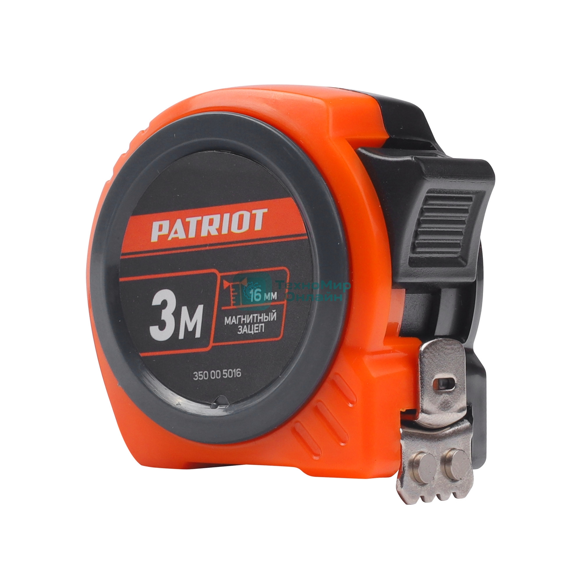 Рулетка PATRIOT MTP-3-16, магнит, 2сторон.зацеп, антиблик.нейлон.покрытие, крупн.шрифт, двусторон.белая лента, 3м*16 мм