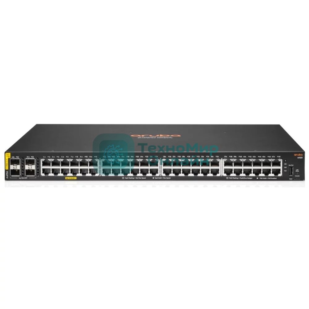 Коммутатор HPE Aruba 6100 48G 4SFP+ 370PoE+, 48×1 Гбит/с PoE+ + 4×10 Гбит/с SFP+, управляемый