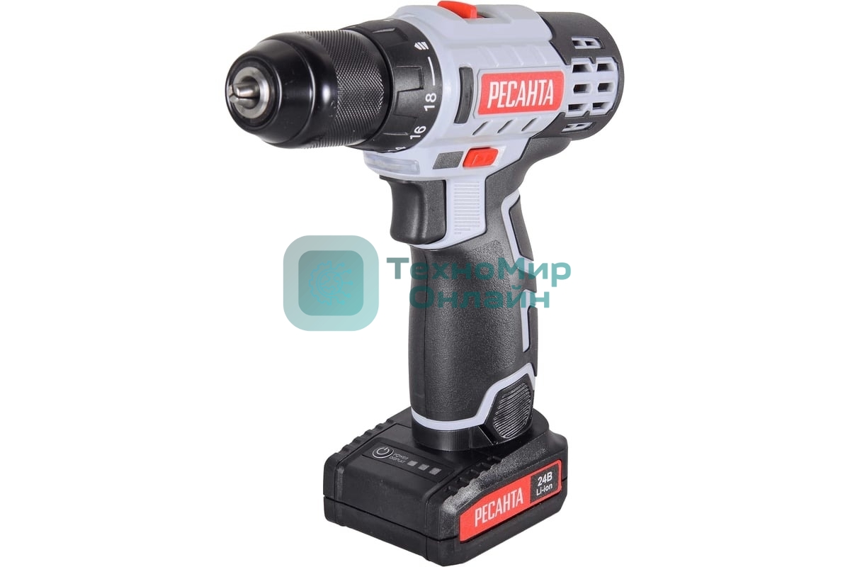 Дрель-шуруповерт Ресанта ДА-24-2ЛК, 24 В, 2 Ач, 60 Нм, щеточный