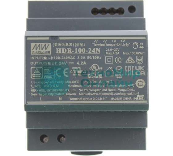 Блок питания AC-DC, 100.8Вт, вход 85...264 В AC 47...63Гц, 120...370В DC, выход 24В, 4.2А, рег. выхода 21.6...29В, изоляция 3000В AC, в кожухе на DIN-рейку, 70х90х54.5мм, -30...+70°С