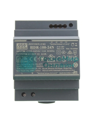 Блок питания AC-DC, 100.8Вт, вход 85...264 В AC 47...63Гц, 120...370В DC, выход 24В, 4.2А, рег. выхода 21.6...29В, изоляция 3000В AC, в кожухе на DIN-рейку, 70х90х54.5мм, -30...+70°С