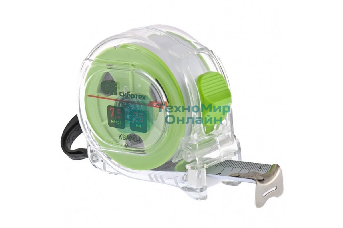 Рулетка Сибртех Кварц, прозрачный корпус, амортизатор, 7,5 м х 25 мм