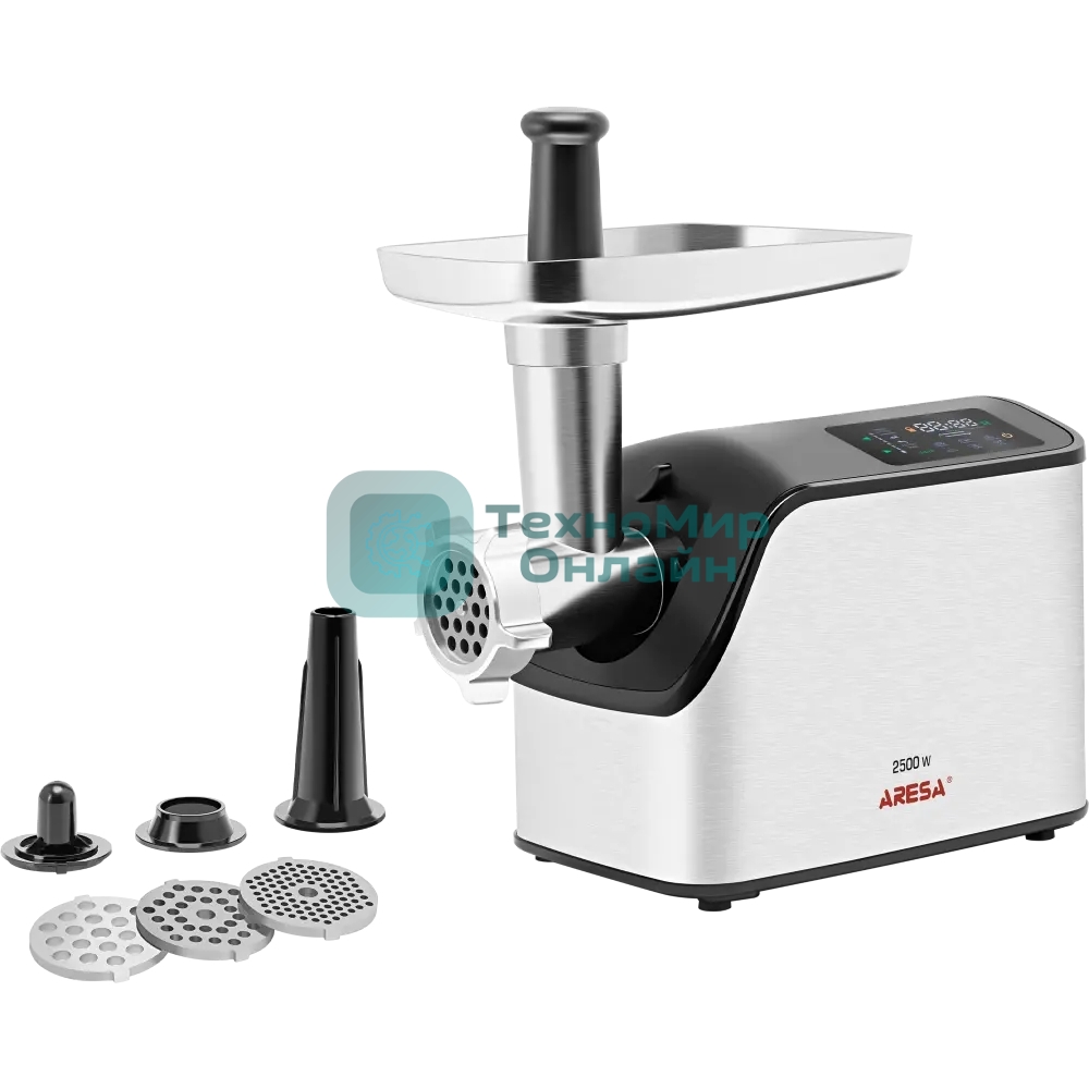 Мясорубка электрическая ARESA AR-2107 серебристый, 2500 Вт, 2.8 кг/мин, реверс, защита от перегрузки, насадки - 5