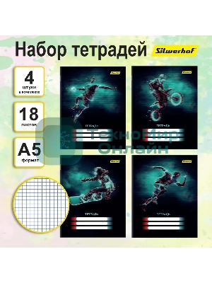 Набор тетрадей Silwerhof 2001670 18 листов, клетка, A5, Спорт 4 дизайна, мелованный картон, водный лак, скрепка (упаковка: 4шт)