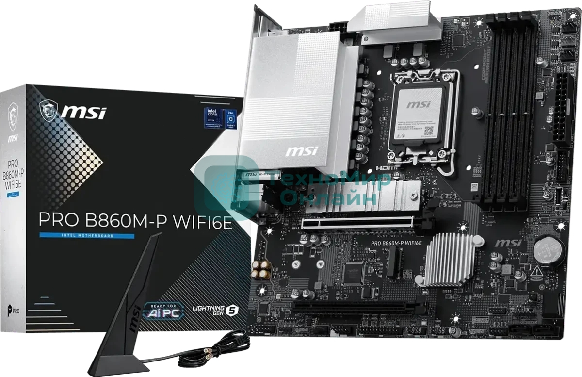 Материнская плата MSI PRO B860M-P WIFI6E, LGA 1851, Intel B860, 4xDDR5 (до 256 ГБ), 4xSATA, 2xM.2 (1xPCIe 5.0, 1xPCIe 4.0), 1xPCIe 5.0 x16, 1xPCIe 4.0 x16, 1xVGA, 1xHDMI, 2xDP, 1x2.5Gb LAN, Wi-Fi 6E, Bluetooth 5.3, 3xUSB-A 5Gbps, 2xUSB-A 2.0, 3x3.5 мм, 7.1, чёрный, mATX