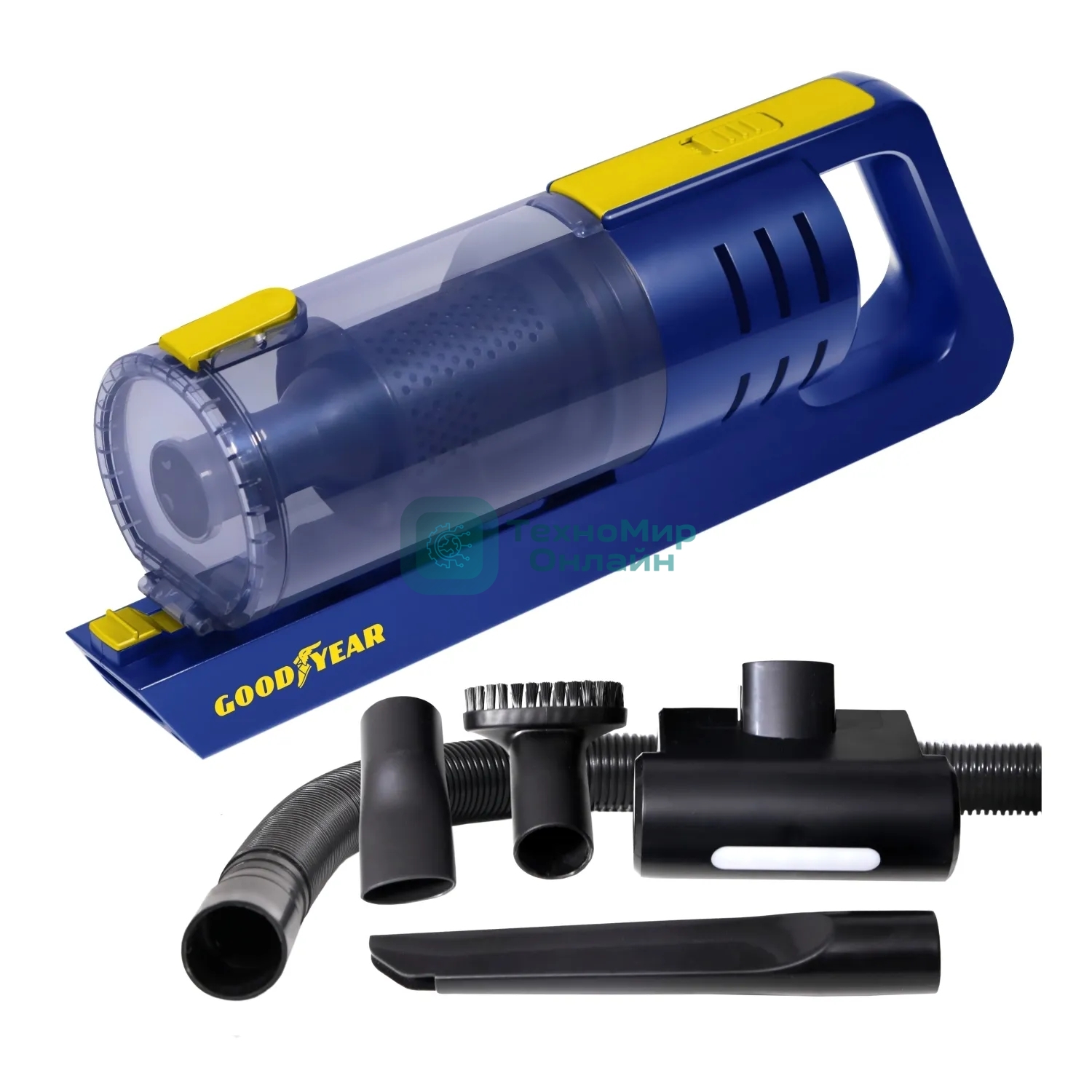 Пылесос автомобильный GOODYEAR GY-VC-02 синий/желтый, 80 Вт, уборка сухая, пылесборник контейнер 0.48 л