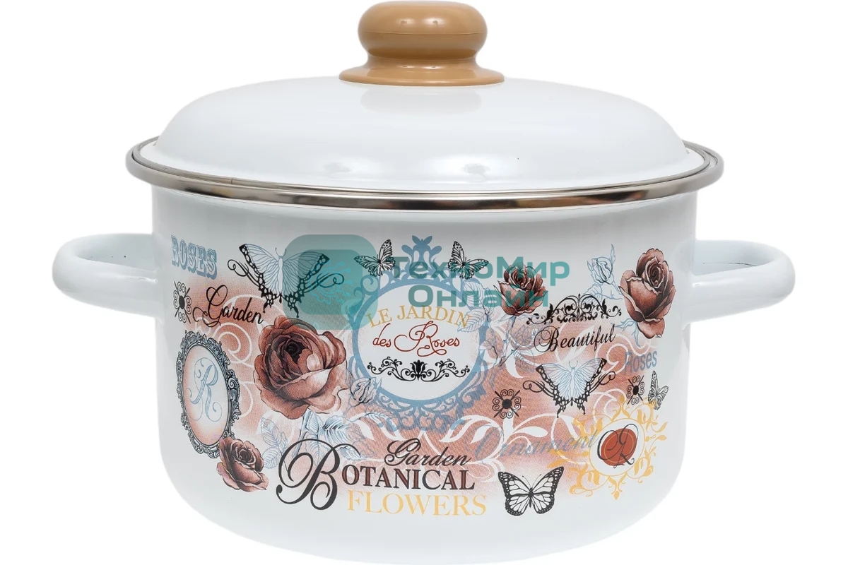 Кастрюля Appetite 1RD201М Roses с крышкой, эмалированная сталь, цилиндрическая 4 л