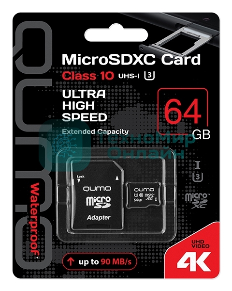 Флеш карта QUMO MicroSDXC 64Gb Class 10 UHS-I U3 черный adp