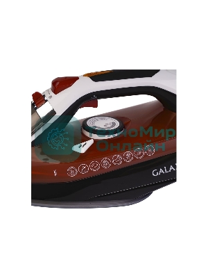 Утюг Galaxy GL 6131, оранжевый, паровой, 2500 Вт, подача пара до 50 г/мин, паровой удар до 230 г/мин, функции: автоотключение, самоочистка, антикапля, антинакипь, функция увлажнения, вертикальное отпаривание, керамическое покрытие подошвы, защита от перегрева, индикатор нагрева, резервуар для воды 370 мл