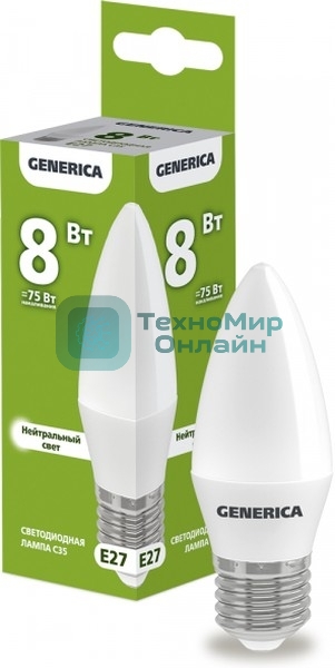 Лампа светодиодная C35 свеча 8Вт 230В 4000К E27 GENERICA