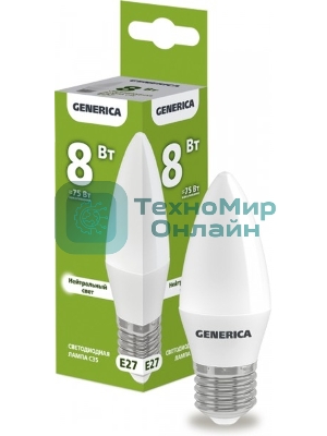 Лампа светодиодная C35 свеча 8Вт 230В 4000К E27 GENERICA