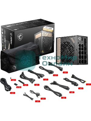 Блок питания MSI MEG Ai1300P (306-7ZP4A11-CE0), 1300Вт, 80 PLUS Platinum, 120мм, модульный, черный/золотой
