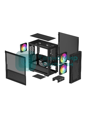 Компьютерный корпус Deepcool CH360 без БП, боковое окно (закаленное стекло), 2x140мм ARGb LED вентилятор спереди и 1x120мм ARGb LED вентилятор сзади, черный, mATX