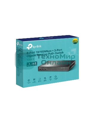 Настольный коммутатор TP-Link TL-SL1311P, 8 портов 10/100 Мбит/с с поддержкой PoE+, 2 гигабитных порта без поддержки PoE, 1 порт SFP, 802.3af/at, бюджет PoE — 65 Вт, стальной корпус