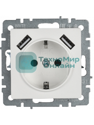 Розетка 1-местная IEK BRITE РЮш10-1-БрБ (BR-R14-16-U21-D21-K01) 16А, с USB A+A 2.1А, с заземлением с защитными шторками, белый