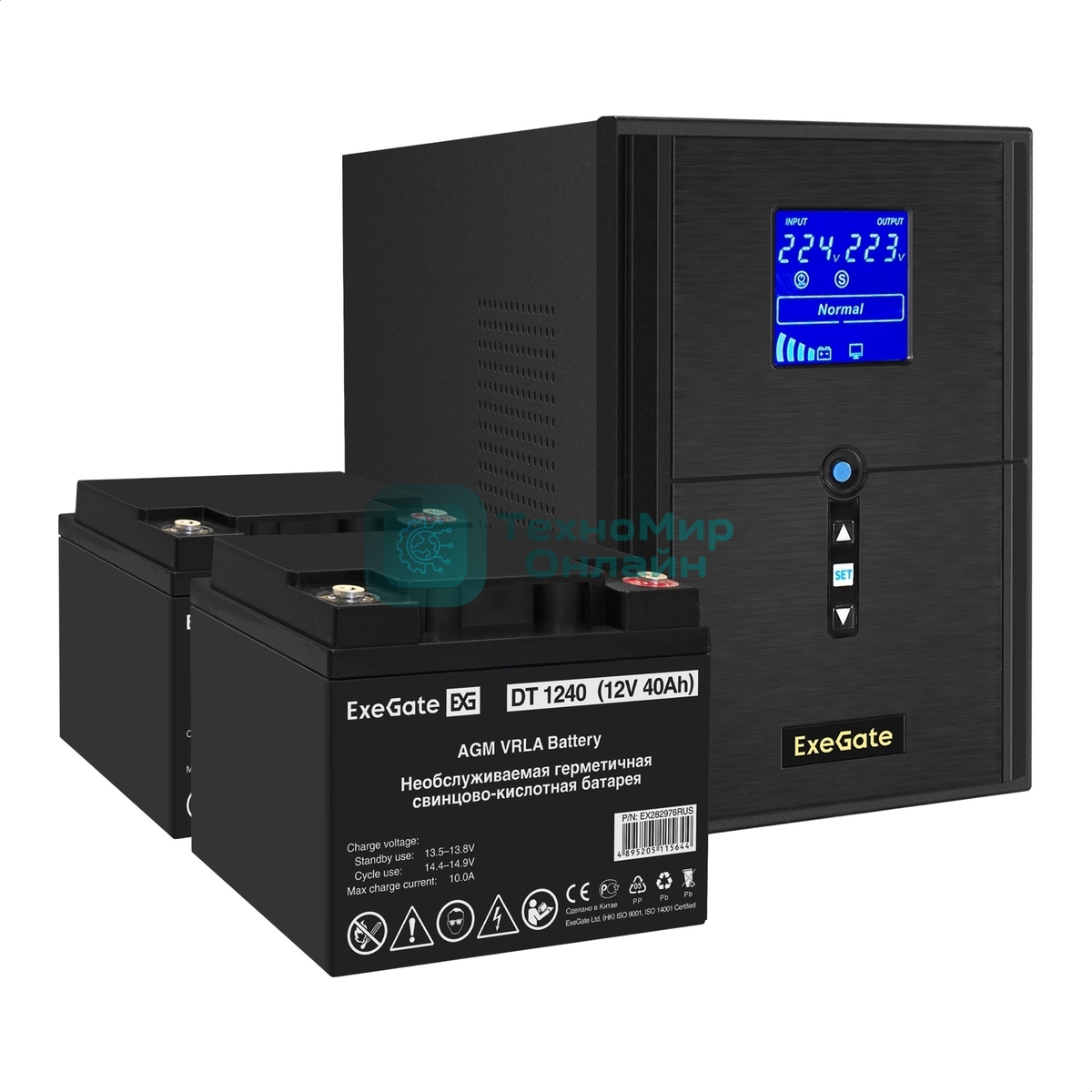 Комплект источника бесперебойного питания Exegate EX295989RUS + батарея 40Aч EX282976RUS 2шт (инвертор, синус, для котла) ExeGate SineTower SZ-2000.LCD.AVR.3SH.1C13.USB <2000VA/1600W, чистый синусоида, LCD дисплей, AVR, 3хSchuko+1хC13, USB, линейно-интерактивный, черный> + батарея ExeGate DT 1240 (12В, 40А·ч) 2шт