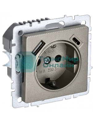 Розетка 1-местная IEK BRITE РЮш11-1-БрШ (BR-R14-16-U22-018-K37) с заземлением, с защитными шторками, 16А, с USB A+C 18 Вт, шампань