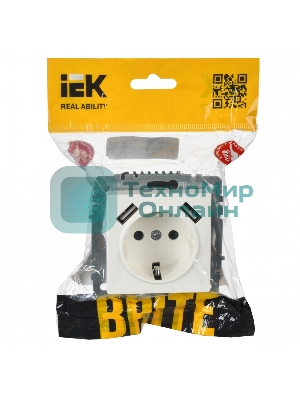Розетка 1-местная IEK BRITE РЮш10-1-БрБ (BR-R14-16-U21-D21-K01) 16А, с USB A+A 2.1А, с заземлением с защитными шторками, белый