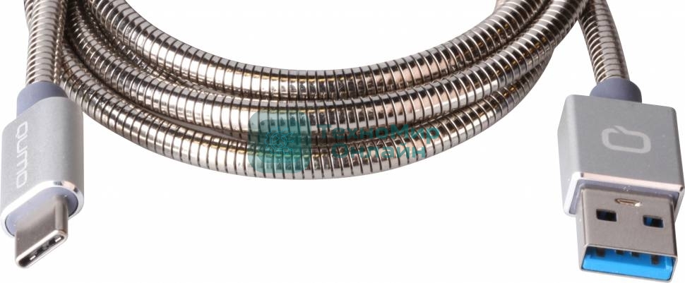 КабельQumo Type-С кабель, 1м, USB 3.0, 5В, 3А, 15Вт, металлическая оплетка, металлический коннектор, серебряный