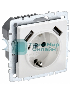 Розетка 1-местная IEK BRITE РЮш10-1-БрБ (BR-R14-16-U21-D21-K01) 16А, с USB A+A 2.1А, с заземлением с защитными шторками, белый