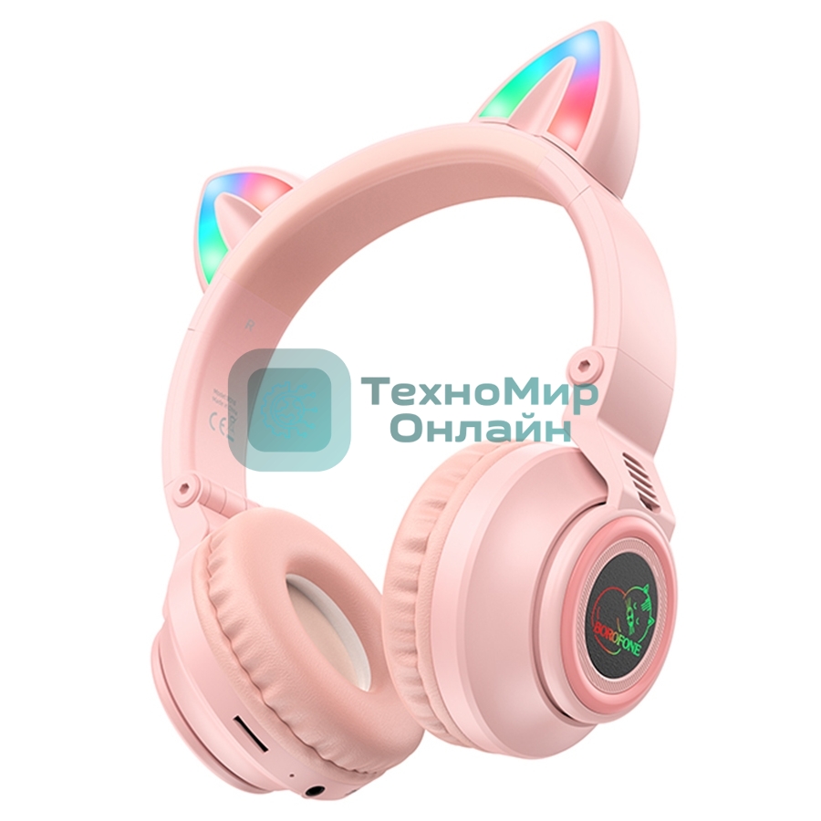 Беспроводные/проводные наушники Borofone BO18 розовый, накладные, Bluetooth + проводной, кошачьи ушки, до 12 ч