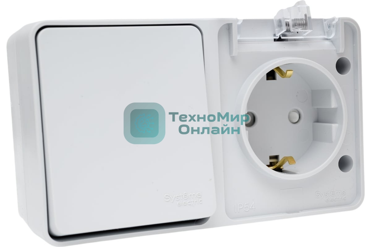 Блок открытого монтажа AtlasDesign PROFI IP54: розетка с заземлением со шторками 16А, выключатель 1-клав.10А, серый