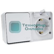 Блок открытого монтажа AtlasDesign PROFI IP54: розетка с заземлением со шторками 16А, выключатель 1-клав.10А, серый