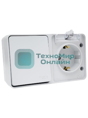 Блок открытого монтажа AtlasDesign PROFI IP54: розетка с заземлением со шторками 16А, выключатель 1-клав.10А, серый