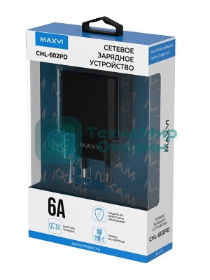 Сетевое зарядное устройство Maxvi CHL-602PD 30W, 6A, QC 3.0, 1xUSB-A, 1xUSB-C, черный