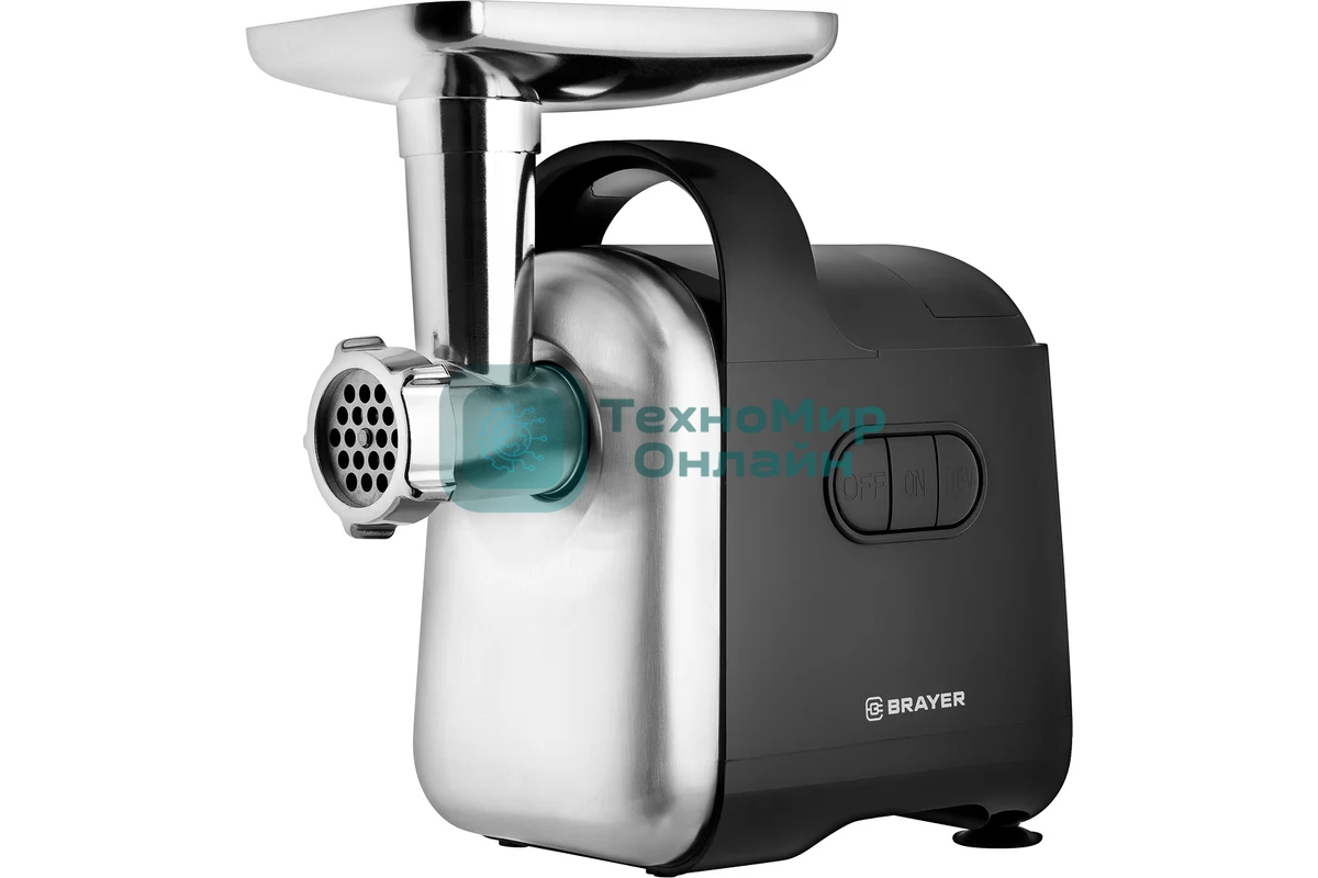 Мясорубка электрическая BRAYER 1602BR черный, 2000 Вт, 2.0 кг/мин, реверс, защита от перегрузки, металлический лоток, насадки - 5