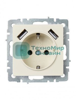 Розетка 1-местная IEK BRITE РЮш10-1-БрКр 16А, с USB A+A 2.1А, с заземлением с защитными шторками, бежевый