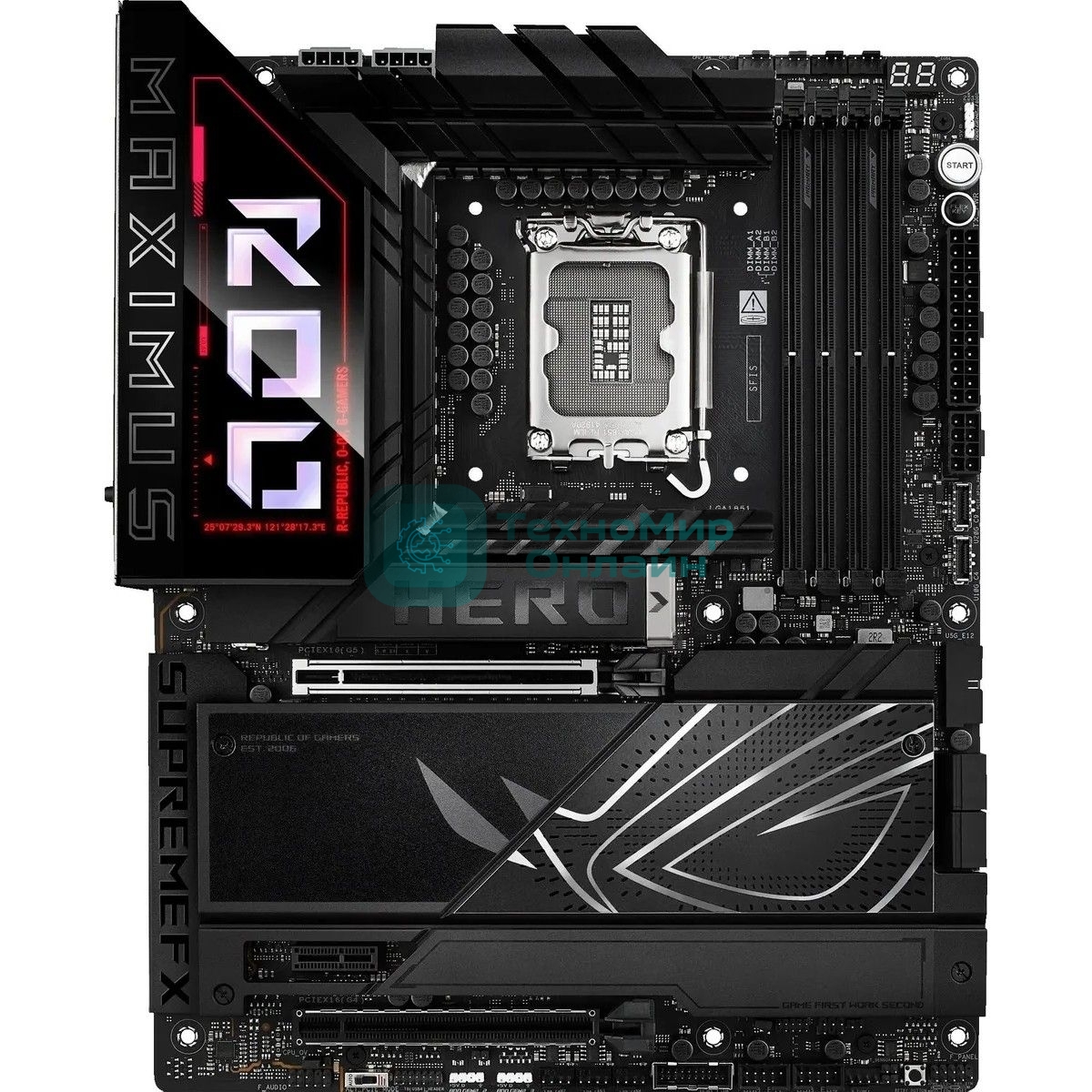Материнская плата ASUS ROG MAXIMUS Z890 HERO, LGA 1851, Intel Z890, 4xDDR5, 4xSATA, 6xM.2, 1xPCIe 5.0 x16, 1xPCIe 4.0 x4, 1xPCIe x1, 1xHDMI, 2xUSB-C (видеовыход), 4xUSB-A 3.2 Gen 1, 4xUSB-A 3.2 Gen 2, 1xUSB-C 3.2 Gen 2, 2xUSB-C Thunderbolt 4, 2x 5Gb LAN, 2x3.5 мм, 7.1, ATX