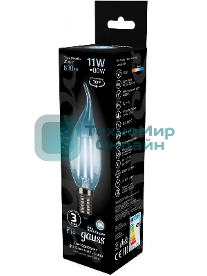 Лампа светодиодная филаментная Gauss Filament 11Вт цок.:E14 свеча 220B св.свеч.бел.нейт. CF35 (упак.:10шт)