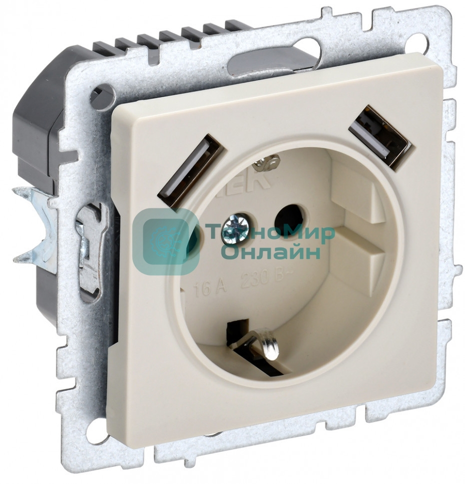 Розетка 1-местная IEK BRITE РЮш10-1-БрКр 16А, с USB A+A 2.1А, с заземлением с защитными шторками, бежевый