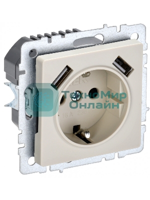 Розетка 1-местная IEK BRITE РЮш10-1-БрКр 16А, с USB A+A 2.1А, с заземлением с защитными шторками, бежевый