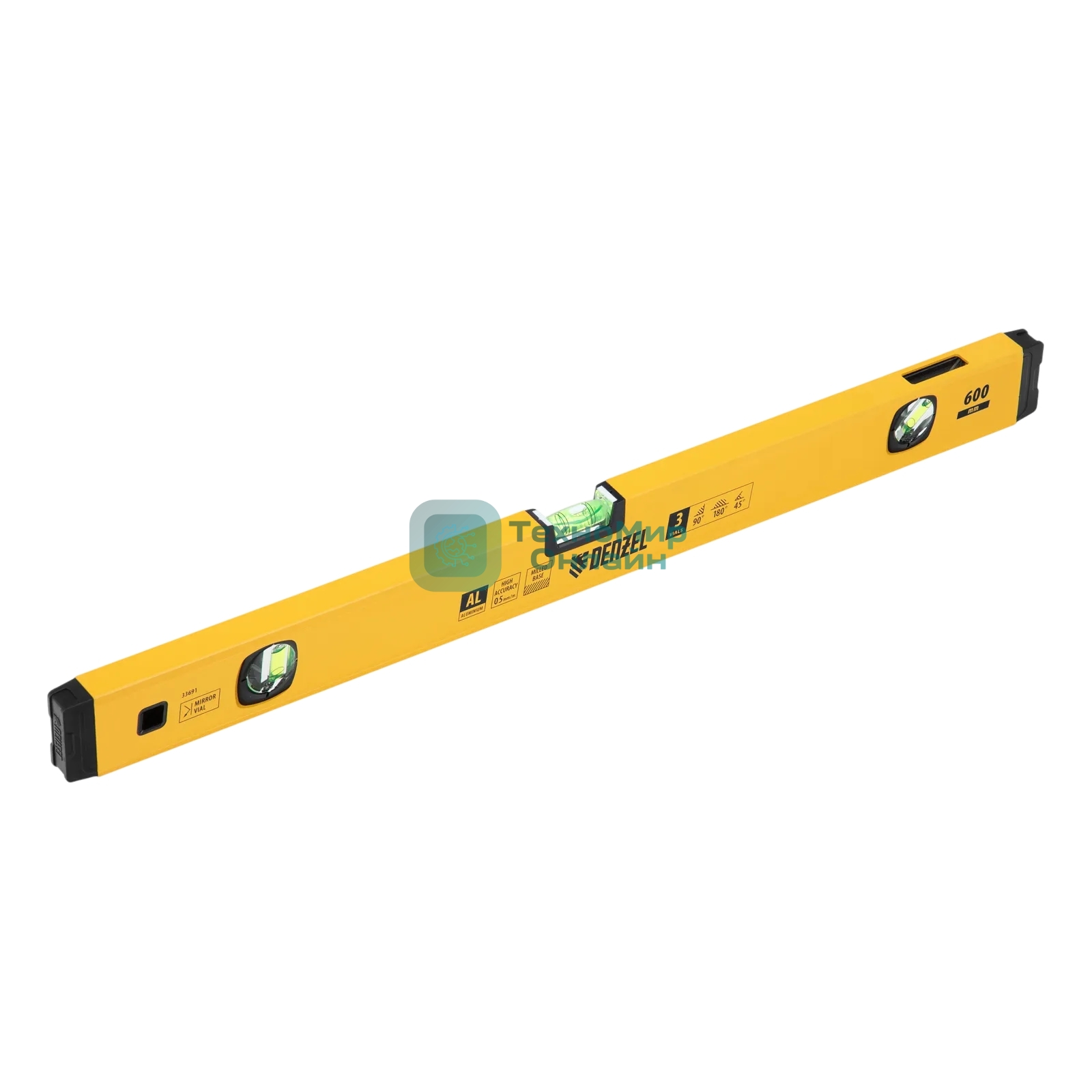 Уровень алюминиевый Denzel магнит., фрезерованный, 3 глазка (1 зеркал.), 0,5 мм/м, 600 мм