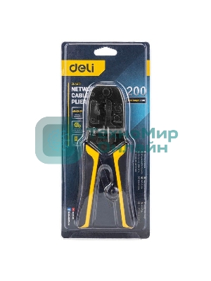 Обжимные клещи Deli DL4971 4P,6P,8P Размер: 200 мм. Спецификация обжима: 4P, 6P, 8P. Сталь A3 с черным покрытием. Ручка из ПВХ и ТПР. Храповой механизм. Подходит для витой пары UTP/STP и телефонных кабелей.