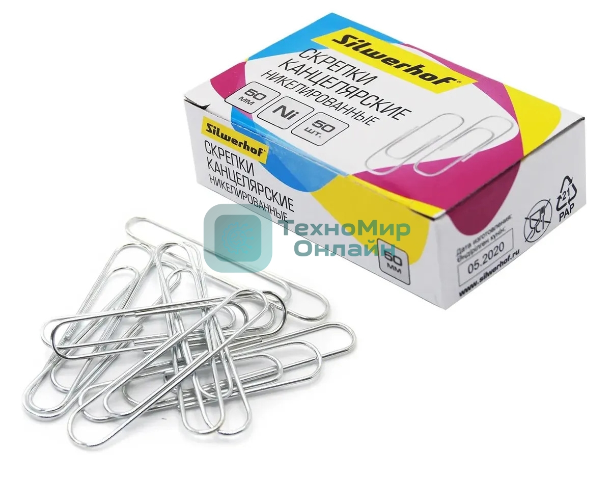 Скрепки Silwerhof никель 50мм (упаковка: 50шт) картонная коробка