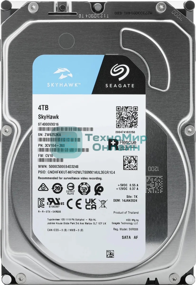 Жесткий диск Seagate 4Tb Skyhawk (ST4000VX016) OEM Serial ATA III, 5400 rpm, 256mb, для видеонаблюдения