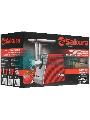 Мясорубка электрическая Sakura SA-6424R красный, 2000 Вт, 3.5 кг/мин, реверс, защита от перегрузки, металлический лоток, насадки - 4