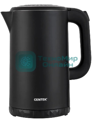 Чайник электрический Centek CT-0020 черный металл 1.7 л, 2200 Вт, бесшовная колба, двойные стенки