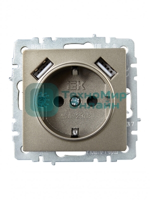 Розетка 1-местная IEK BRITE РЮш10-1-БрШ (BR-R14-16-U21-D21-K37) 16А, с USB A+A 2.1А, с заземлением, с защитными шторками, шампань