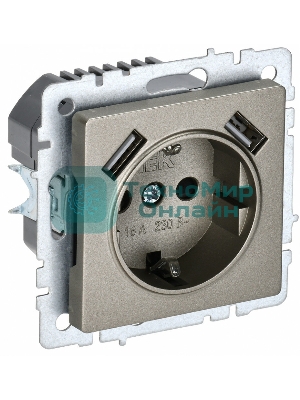 Розетка 1-местная IEK BRITE РЮш10-1-БрШ (BR-R14-16-U21-D21-K37) 16А, с USB A+A 2.1А, с заземлением, с защитными шторками, шампань